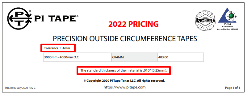 Pi Tape tolerance specifications